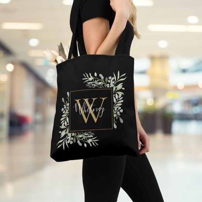Svart Guld Monogram Grönska Blommig Tygkasse (Skapare uppladdad)