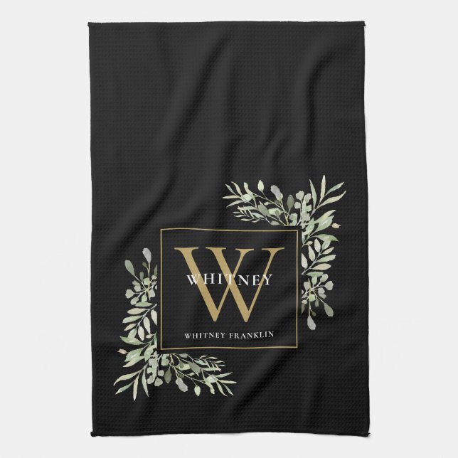 Svart Guld Monogram Grönska Vattenfärg Löv Kit Kökshandduk (Vertikal)