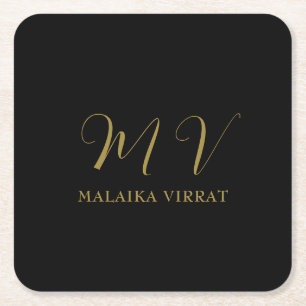 Svart Guld Monogram Initial Bokstav Lyxnamn Underlägg Papper Kvadrat