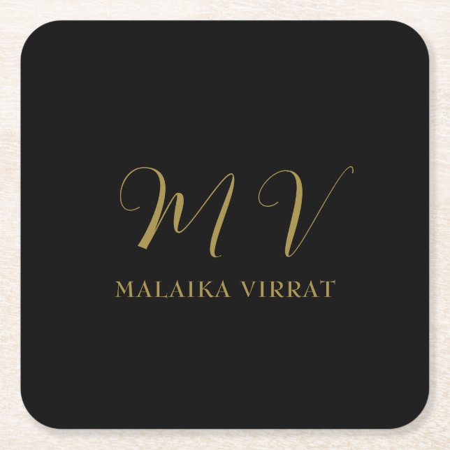 Svart Guld Monogram Initial Bokstav Lyxnamn  Underlägg Papper Kvadrat (Framsidan)