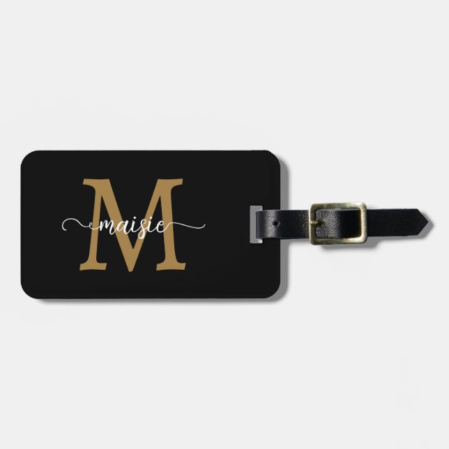 Svart Guld Monogram Initial Förnamn Telefon Only Bagagebricka (Horisontell Framsida)