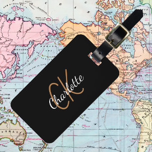 Svart guld monogram initialer namn-skript elegant bagagebricka