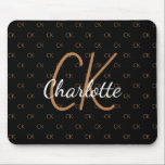 Svart guld monogram initialer namn-skript elegant musmatta<br><div class="desc">Anpassa och lägg till ditt monogram brev,  initialer och namn. Monogrammet initialer som mönster i bakgrunden. En svart bakgrund i klassisk chic färg. Vit och guldfärgad färgad brev.</div>
