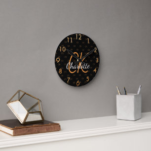 Svart guld monogram initialer namn-skript elegant rund klocka