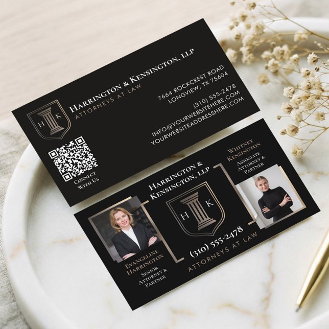 Svart Guld Monogram Lyx Jurister Foto Visitkort (Black Gold Monogram Luxury Attorneys At Law Photo Business Card)