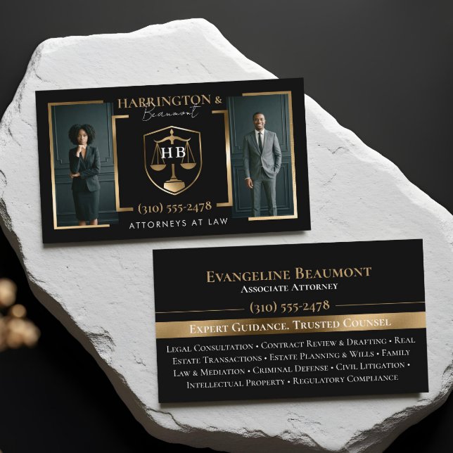Svart Guld Monogram Lyx Jurister Foto Visitkort (Black Gold Monogram Luxury Attorneys At Law Photo Business Card)