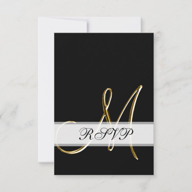 Svart Guld Monogram M Bröllop RSVP OSA Kort (Framsida)