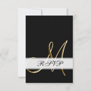 Svart Guld Monogram M Bröllop RSVP OSA Kort