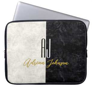 Svart Guld Monogram Marmor Laptop Fodral