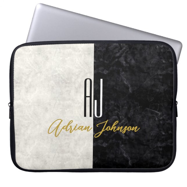 Svart Guld Monogram Marmor Laptop Fodral (Framsidan)
