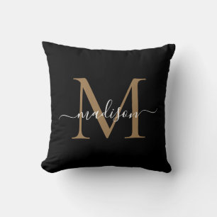 Svart Guld Monogram Modern Snyggt Femininskript Kudde
