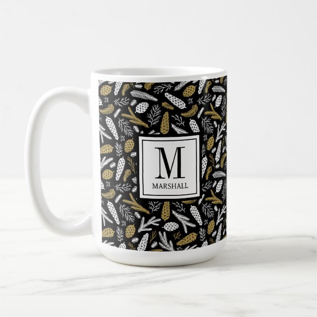 Svart Guld Monogram Namn Jul Holiday Kaffemugg (Vänster)