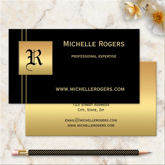 Svart Guld Monogram Professionell Visitenkort Visitkort (A stylish black and gold business card with your own monogram)