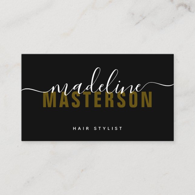 Svart Guld Monogram-skript Namnteckning Hair Styli Visitkort (Framsida)