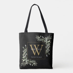 Svart Guld Monogram Vattenfärg Grönska Blad Tot Tygkasse