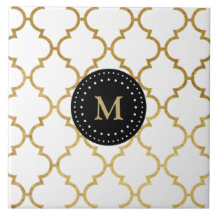 Svart guld- Monogrammed Quatrefoil för vit mönst Kakelplatta