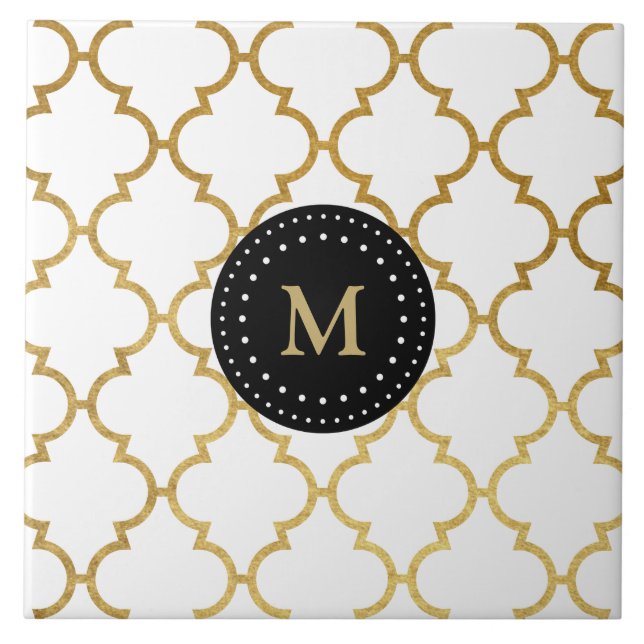Svart guld- Monogrammed Quatrefoil för vit mönster Kakelplatta (Framsidan)