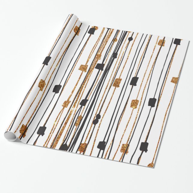 Svart guld- mönster för fauxglitterhand plockade presentpapper (Utrullad)