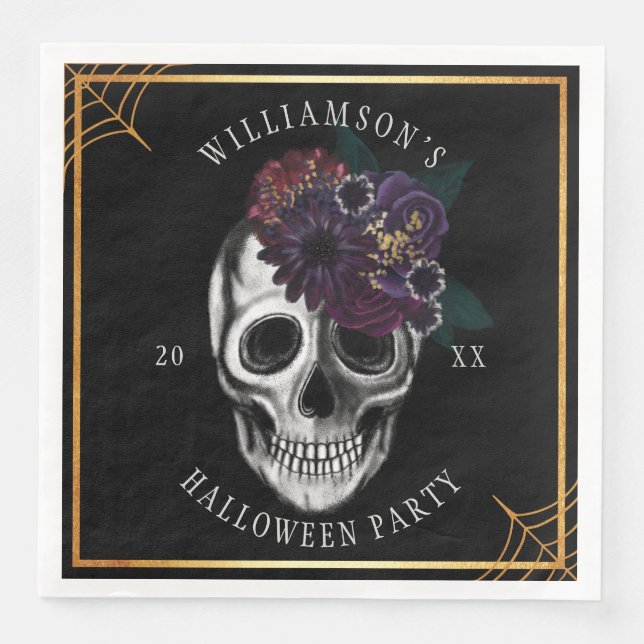 Svart & Guld Moody Blommigt Halloween Skull Party Pappersservett (Framsida)