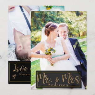 Svart & Guld Mr. & Mrs. Bröllopsfoto Tack Inbjudningar