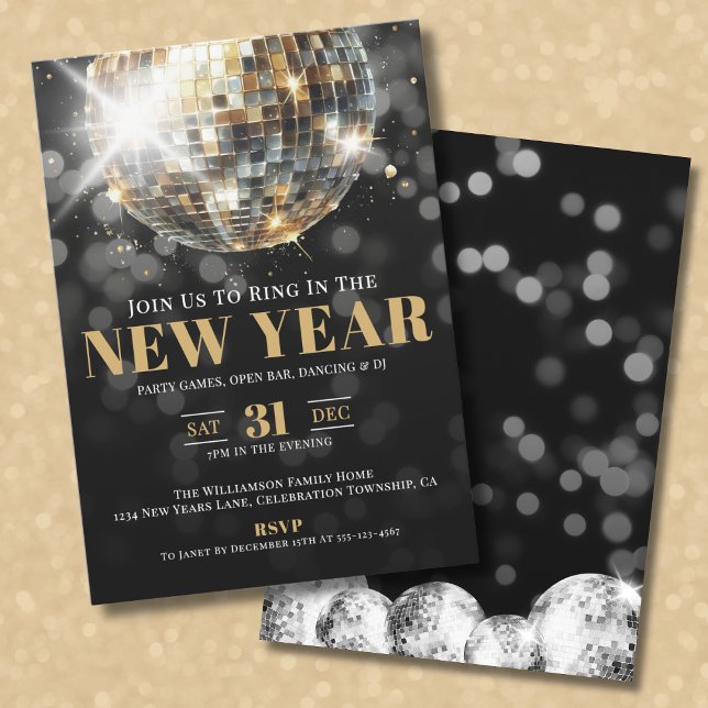 Svart Guld Nyårsfirande Party Inbjudningar (Black Gold New Year's Eve Celebration Party Invitation)