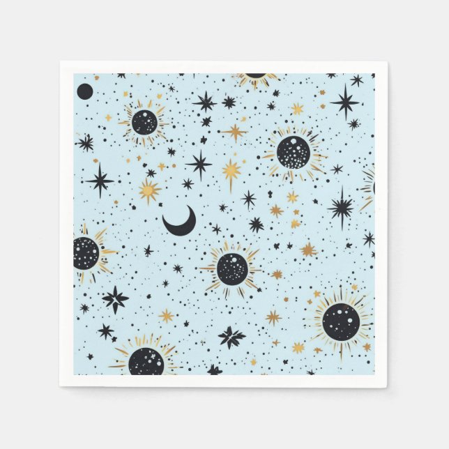 Svart, Guld och Blå Celestial Sol Måne Stjärnor Pappersservett (Framsidan)
