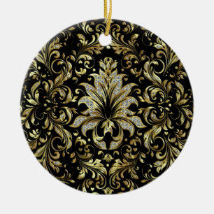 Svart, Guld och Glitter Blommigt Snöre Julgransprydnad Keramik