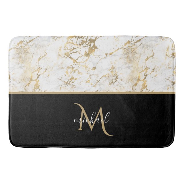 Svart Guld och Marble Monogram Elegant Luxury Badrumsmatta (Framsidan)