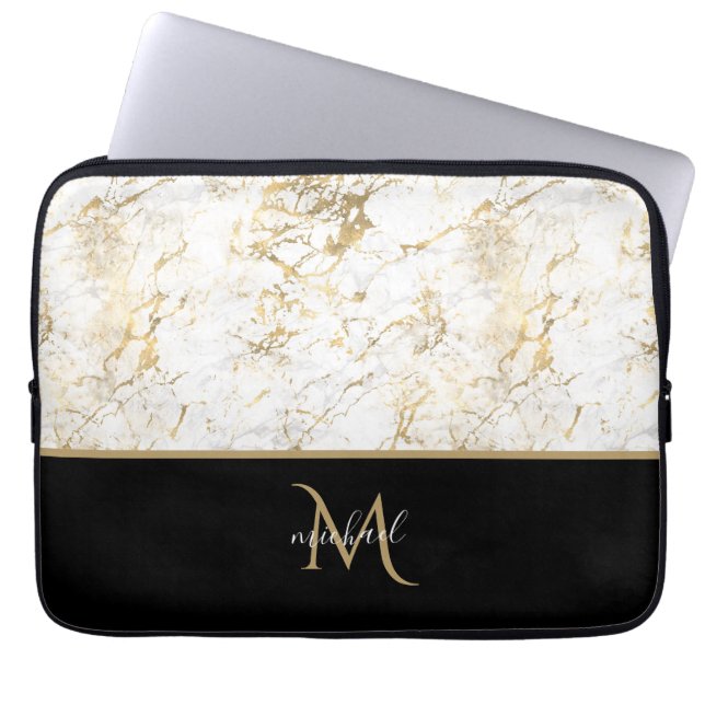 Svart Guld och Marble Monogram Elegant Luxury Laptop Fodral (Framsidan)