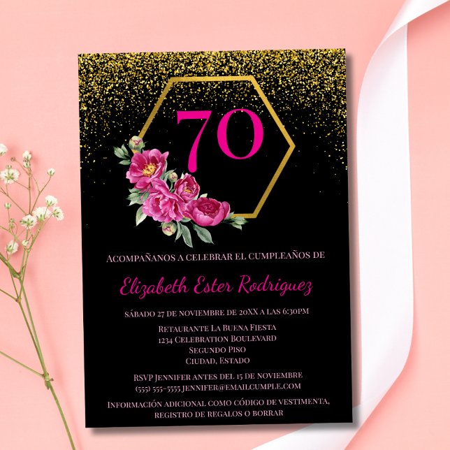 Svart Guld och Rosa i spanska Finare 70:e födelsed Inbjudningar (Skapare uppladdad)
