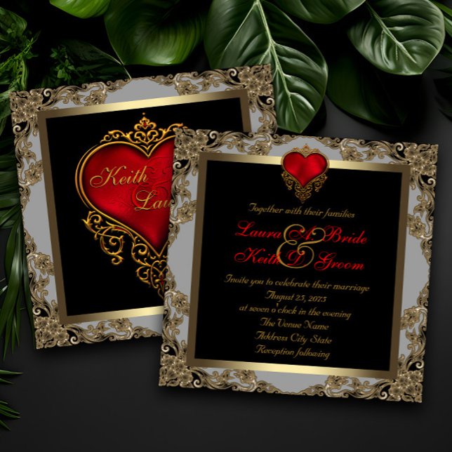 Svart Guld och Rött Hjärta Bröllop Inbjudningar (Elegant red, black gold heart invitations.)