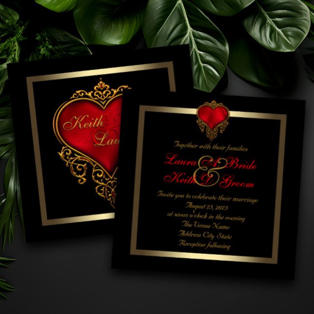Svart Guld och Rött Hjärta Bröllop Inbjudningar (Dramatic elegant red, black and gold wedding invitation with beautiful red and gold heart.)