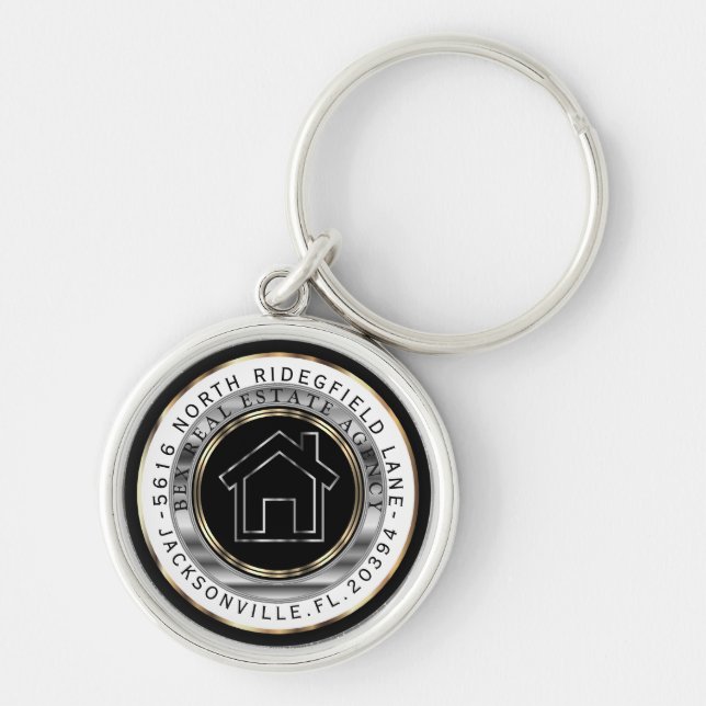 Svart, Guld och Silver hem - Realtor Anpassningsba Rund Silverfärgad Nyckelring (Framsidan)