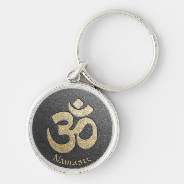 Svart & Guld OM-symbol YOGA Meditation-instruktor Rund Silverfärgad Nyckelring (Framsidan)