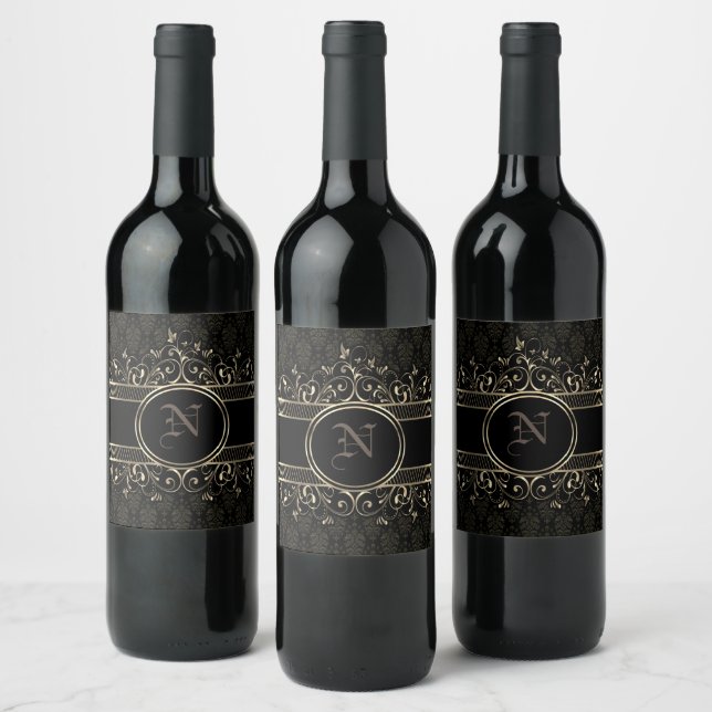 Svart & Guld Ornamenterad Gotisk Monogram Vinvigne Vinflaska Etikett (Flaskor)