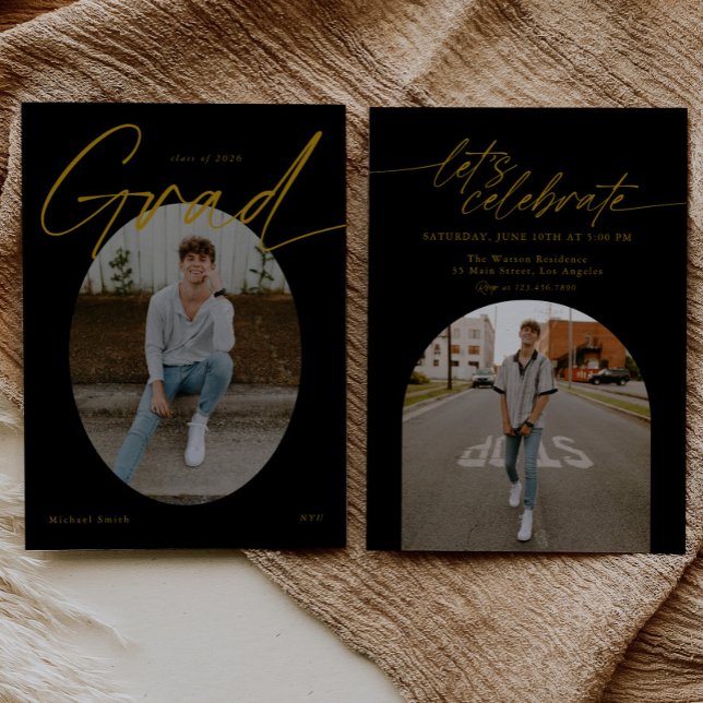 Svart & Guld Oval Foto Modernt Skript Examen Inbjudningar (Skapare uppladdad)