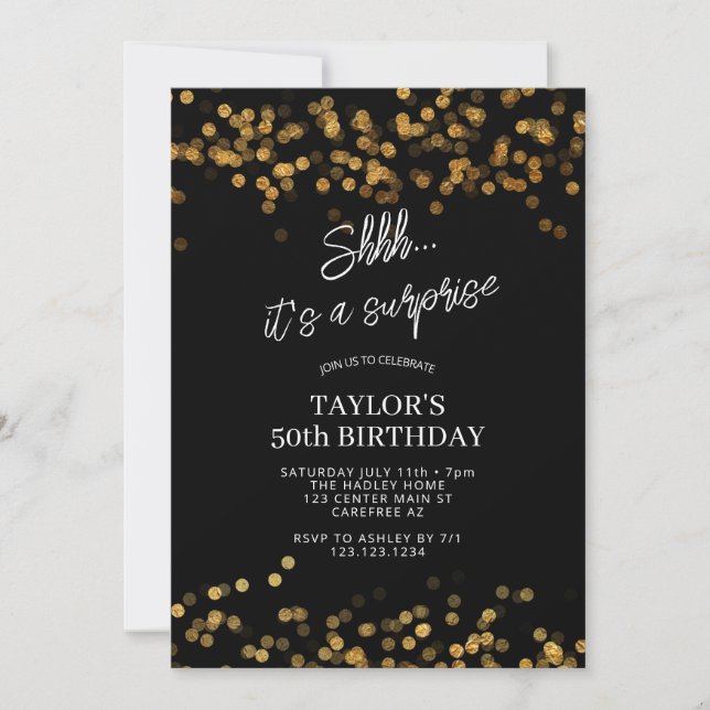 Svart Guld Överraskning 50-årsdag Inbjudningar (Framsida)