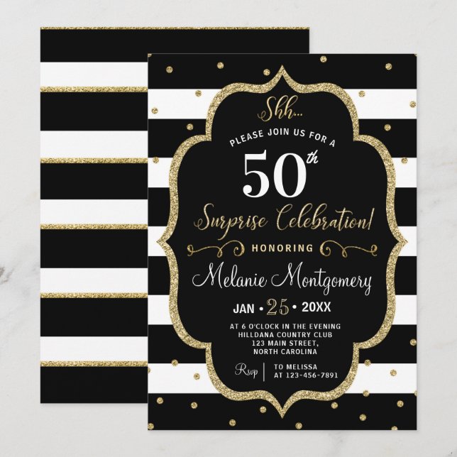 Svart guld- överrrakningfödelsedagsfest inbjudan (Fram/baksida)