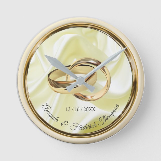 Svart &Guld på Champagne Silke Bröllop Gift Clock Rund Klocka (Framsida)