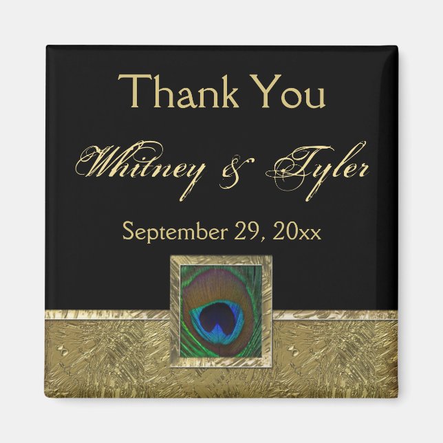 Svart, Guld Peacock Feather Wedding-favoritmagnet Magnet (Framsidan)