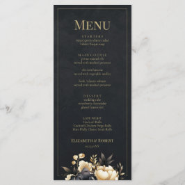 Svart & Guld Peony Bröllopsmeny Kort