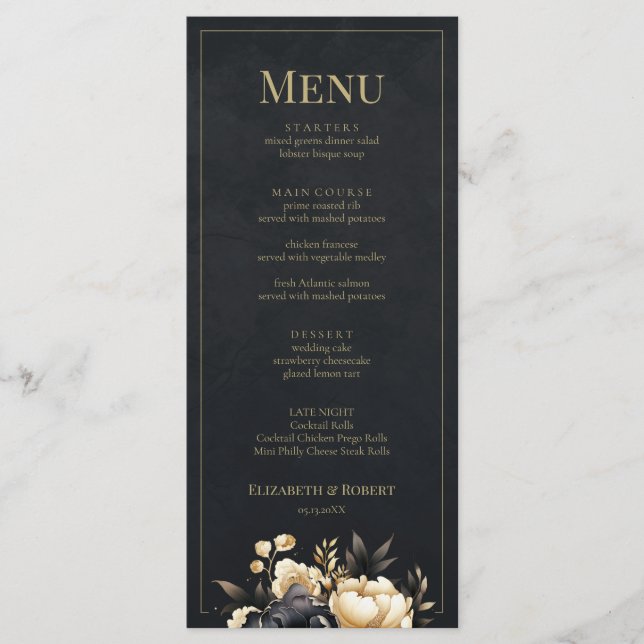 Svart & Guld Peony Bröllopsmeny Kort (Framsida)