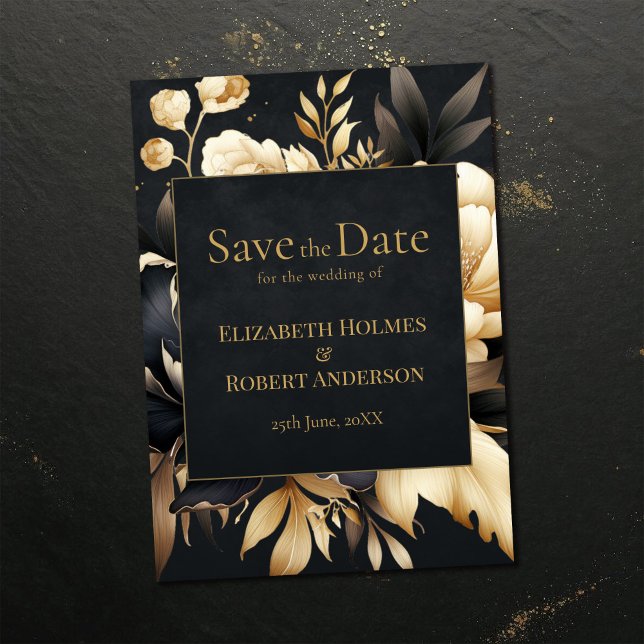 Svart & Guld Pion Gothaiskt Spara Datum Spara Datumet (Black & Gold Peony Gothic Save the Date on a dark vintage table)