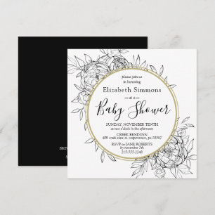 Svart & Guld Pion Modern Blommig Toile Bebis Showe Inbjudningar