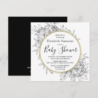 Svart & Guld Pion Modern Blommig Toile Bebis Showe Inbjudningar