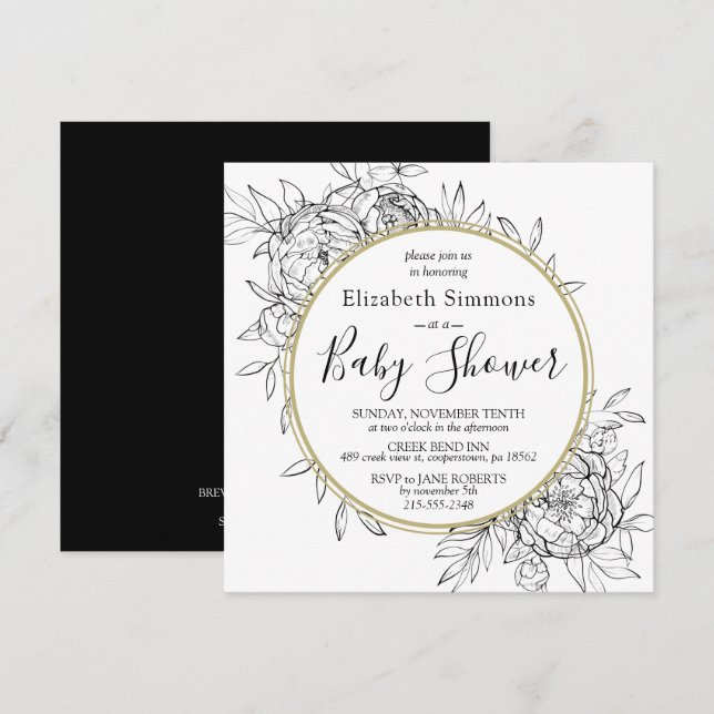 Svart & Guld Pion Modern Blommig Toile Bebis Showe Inbjudningar (Fram/baksida)