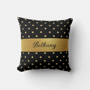 Svart Guld Polka dots + Guld Ribbon - Personlig Kudde