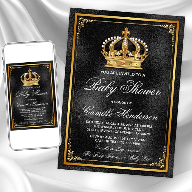 Svart Guld Prins Babyfirande Inbjudningar (Black gold prince baby shower invitation. Instant download and printed invitations available.)