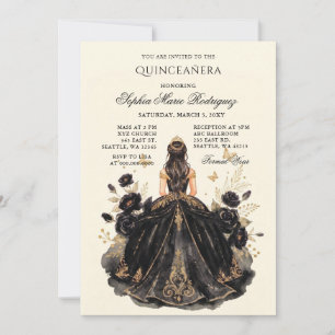 Svart Guld Prinsessa Blommig Tiara Quinceañera Inbjudningar