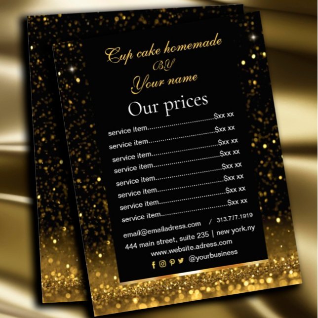 Svart & Guld Prislista Tjänst Glänsande  Flygblad (#zazzlemade #glittergol #pricelist #goldflyer #hairstyle #nailstyle #makeupartist)